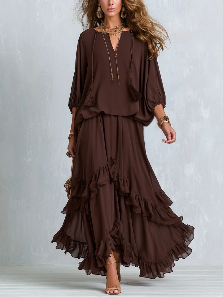 Brown Tassel Drawstring V-neck Top Paired With A Ruffled Layered Skirt Set