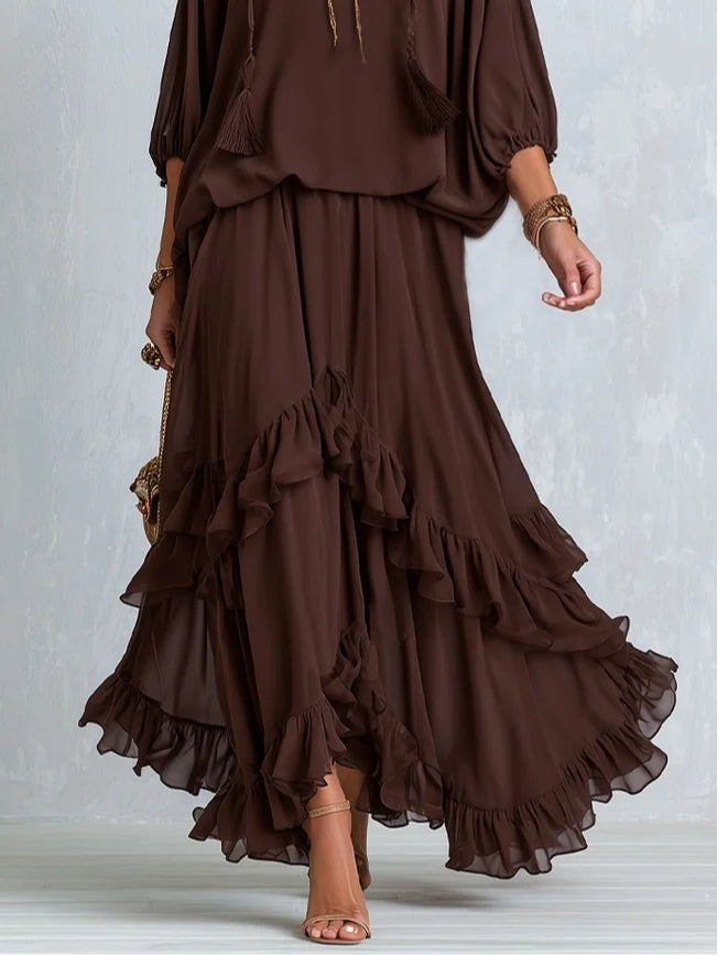 Brown Tassel Drawstring V-neck Top Paired With A Ruffled Layered Skirt Set