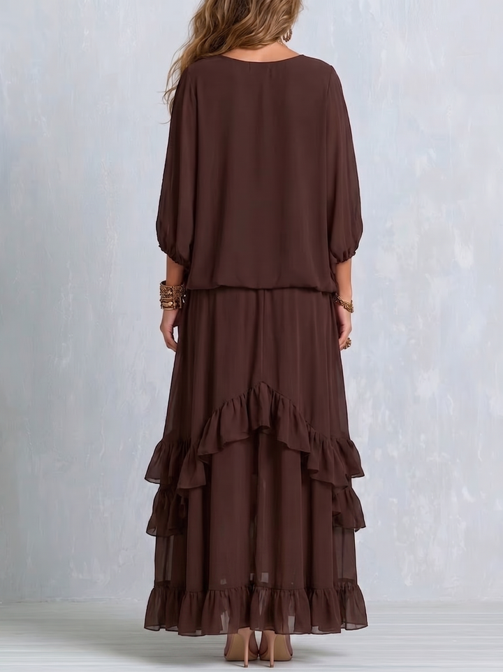 Brown Tassel Drawstring V-neck Top Paired With A Ruffled Layered Skirt Set