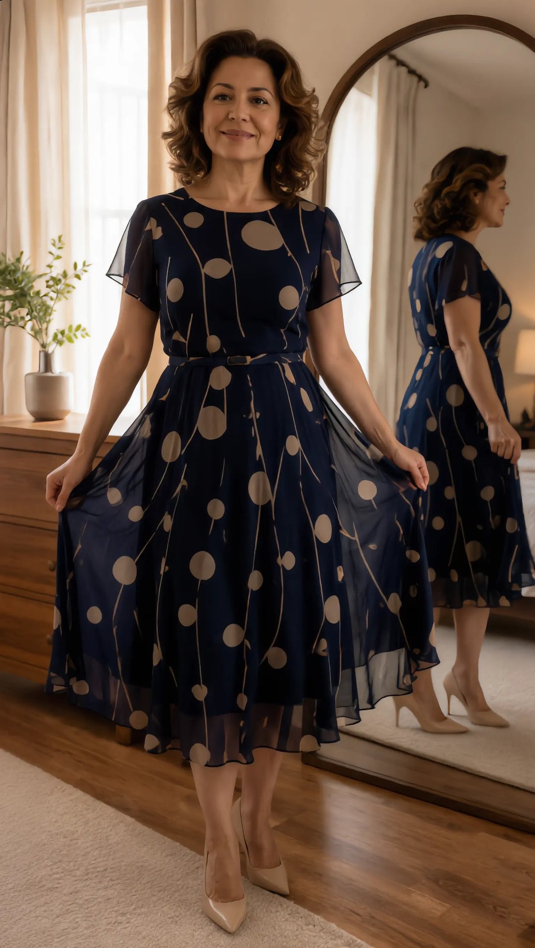 IVY | NAVY POLKA DOT PRINT MIDI DRESS