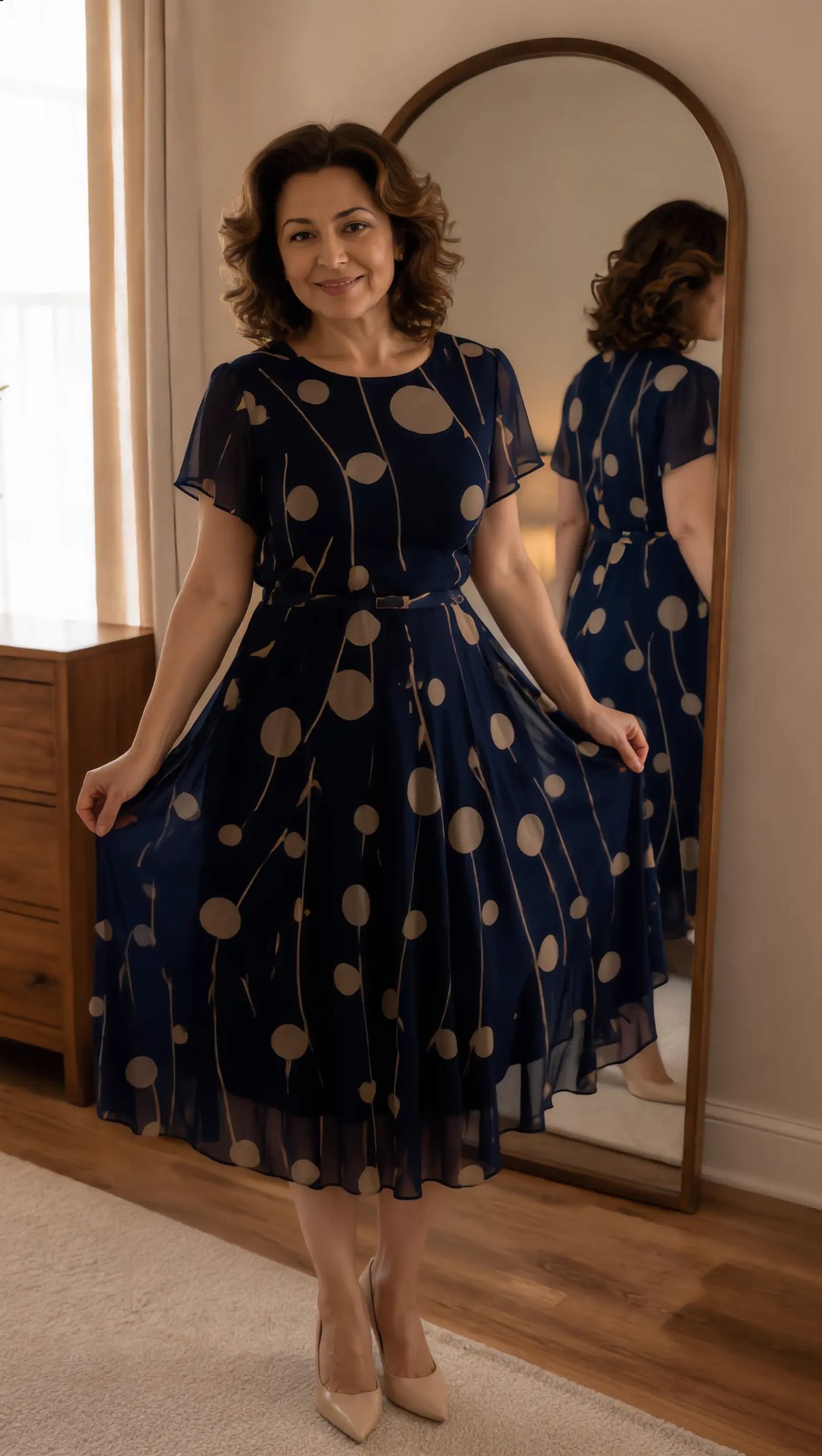 IVY | NAVY POLKA DOT PRINT MIDI DRESS